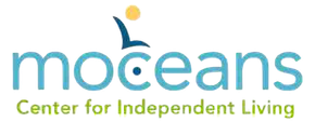 Moeans Center for Independent Living logo in blue and green with stylized figure and sun