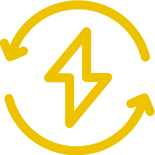 Yellow lightning bolt symbol within a yellow circular arrow, representing renewable energy.