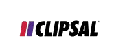 Clipsal logo with red and purple stripes and the word 