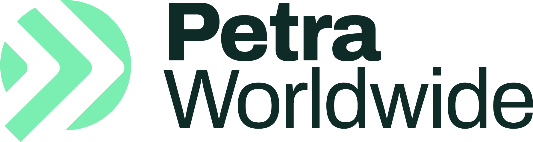 Petra Worldwide logo: green arrow graphic, dark text.