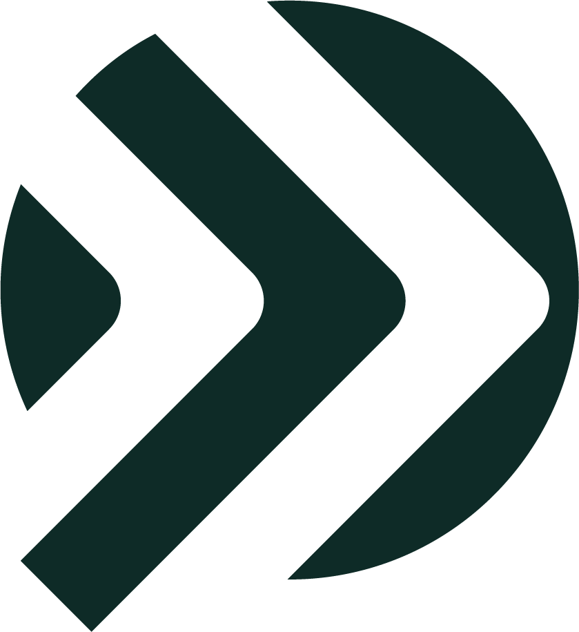 White chevron arrows within a dark teal circle, pointing right.