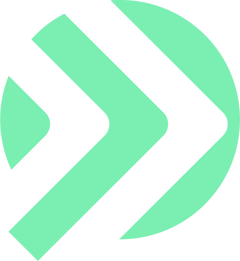 Green and white abstract logo with a circle and angled arrow shapes.
