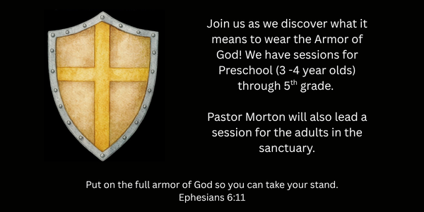 Gold shield with cross and Bible verse text about God’s armor for preschool through 5th grade children