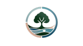 Flag featuring a tree with a blue-green river scene inside a partially enclosed circle.