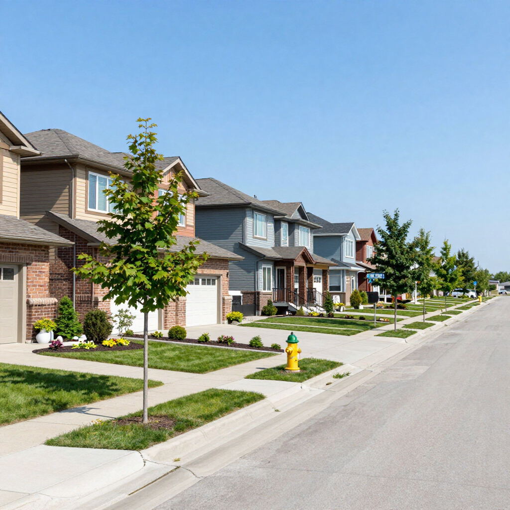 Suburban street with modern houses, young trees, sidewalks, and a yellow fire hydrant under a clear blue sky