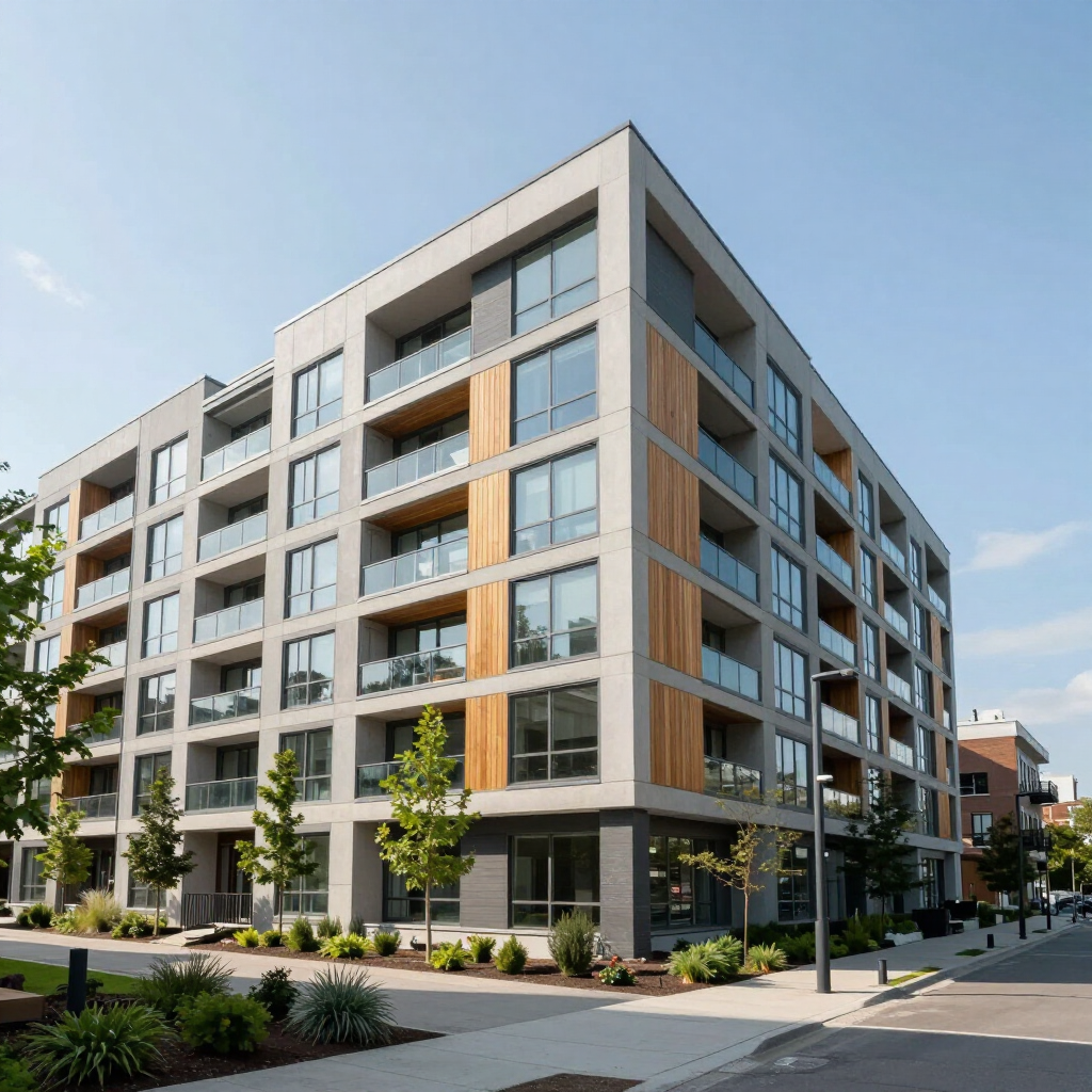 Modern multi-story apartment building with large windows and wood accents on a sunny street.