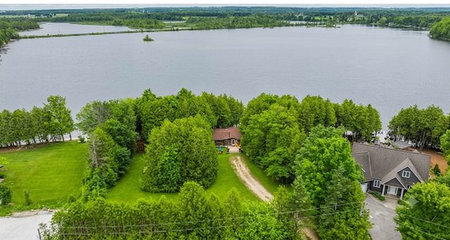 Aerial view of a lakeside property with dense green trees, a winding driveway, and neighboring homes.