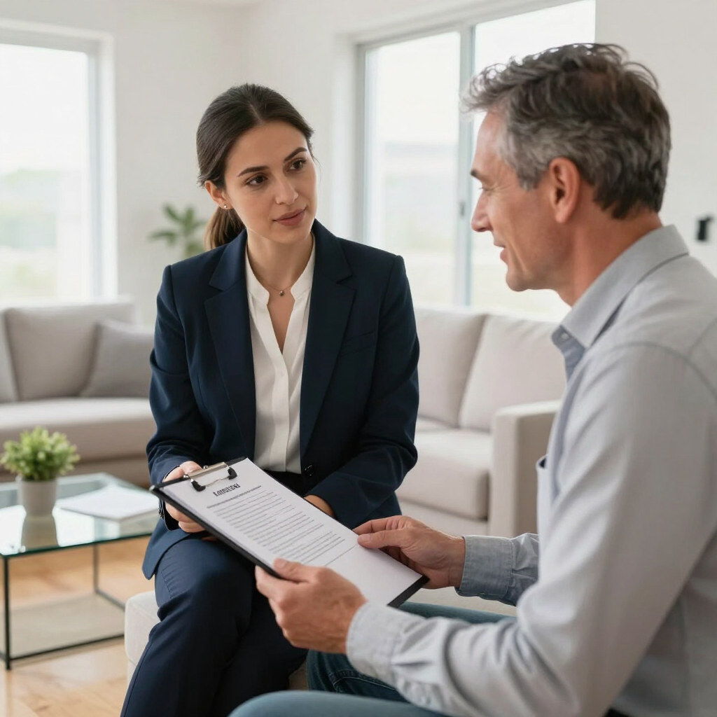 Two people discuss paperwork in a bright office, one holding a clipboard and the other listening attentively.