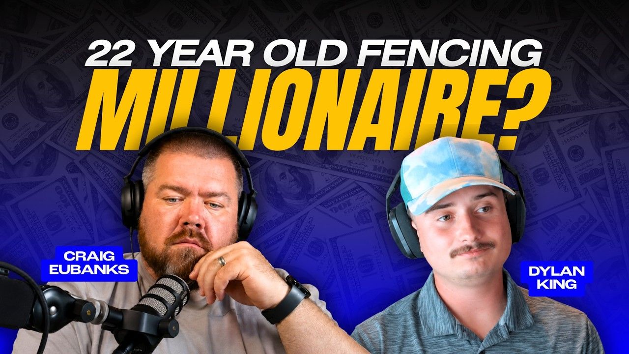 Fencing podcast-style thumbnail with two men, microphones, and bold text “22 YEAR OLD FENCING MILLIONAIRE?”