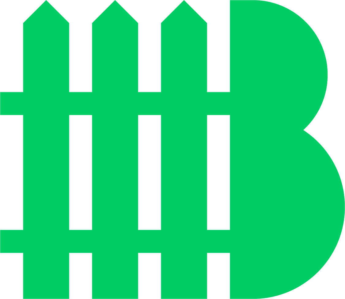 Green stylized letter B with three white vertical bars on a white background