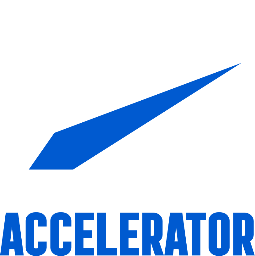 Blue angular logo above the word “ACCELERATOR” in bold blue letters.