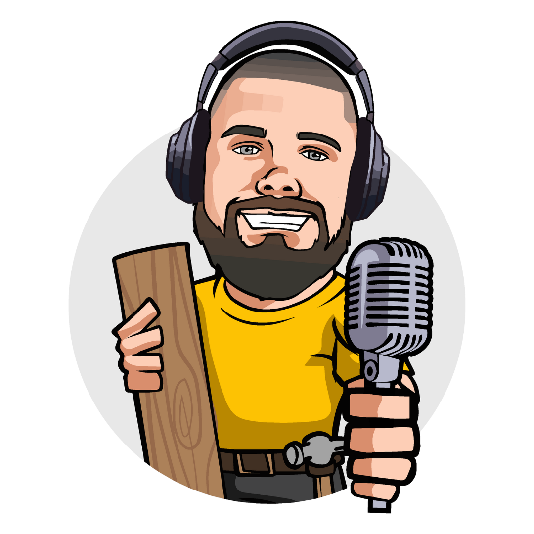 Cartoon podcast host with headphones, smiling, holding a microphone and a wooden board