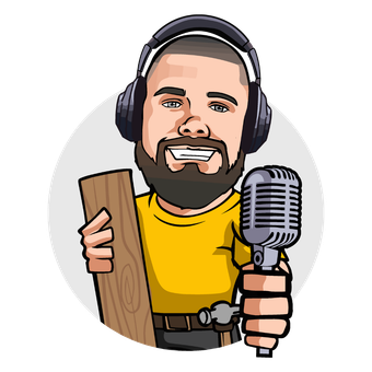 Cartoon podcast host with headphones, smiling, holding a microphone and a wooden board