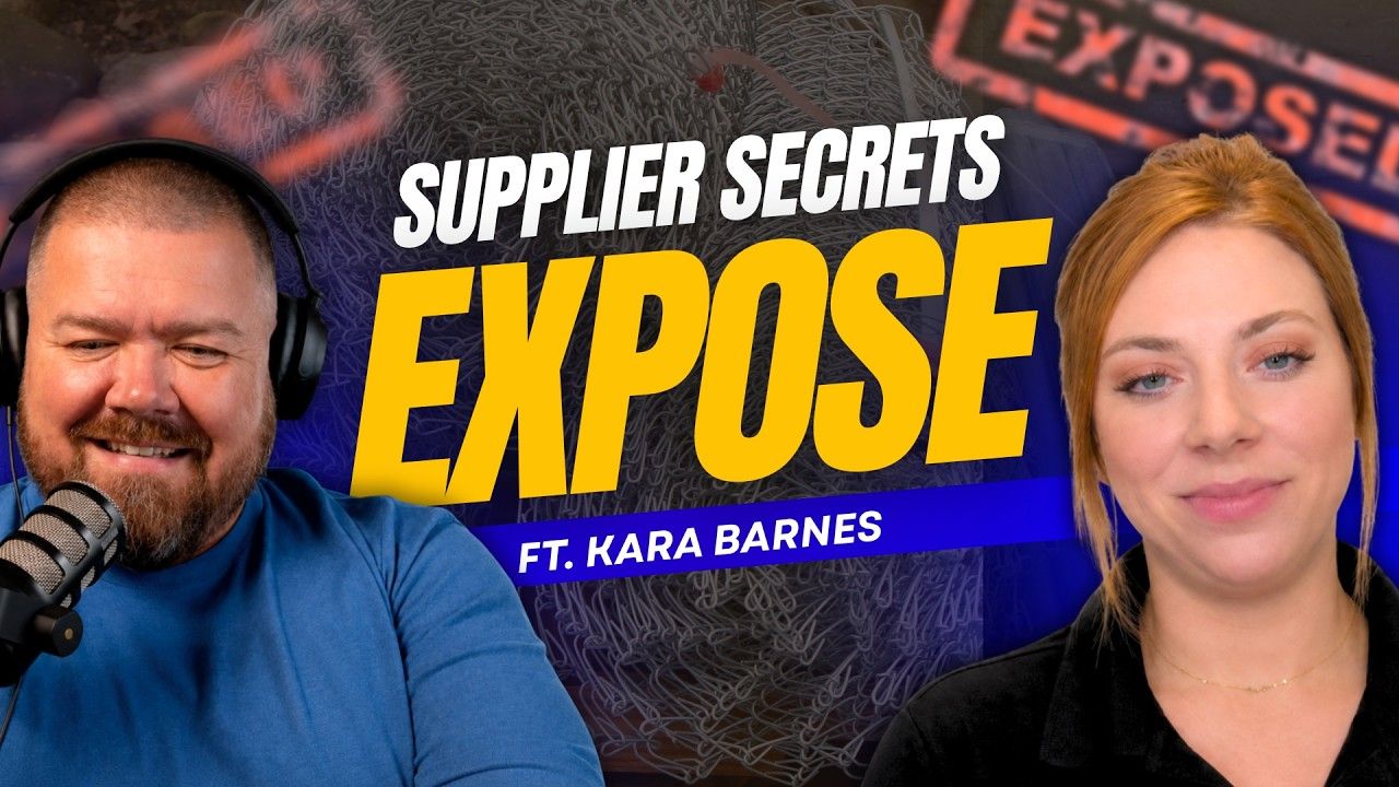 Podcast thumbnail reading “Supplier Secrets EXPOSE” with a man speaking into a mic and a woman on a dark background.