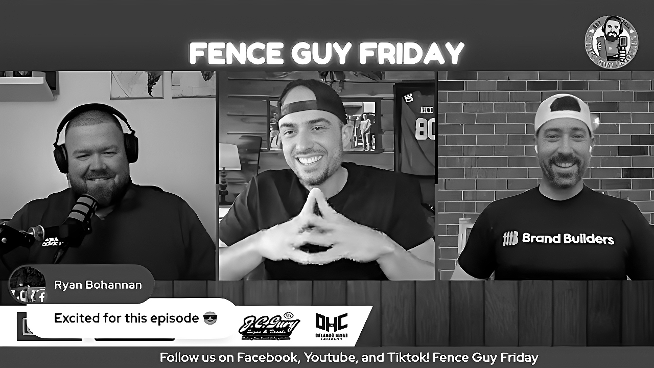 Promotional graphic for Fence Guy Friday with three hosts in a black-and-white podcast layout.