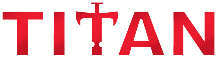 Red TITAN logo with a hammer-shaped T icon on a white background