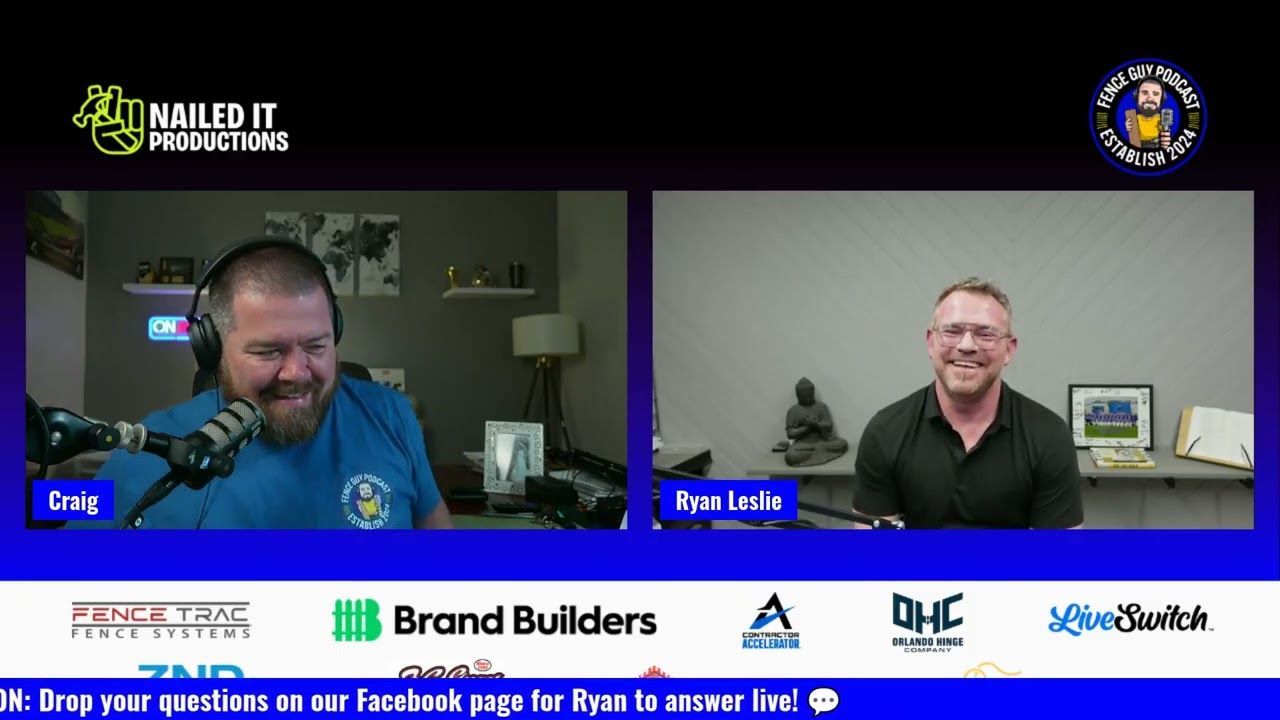 Two men on a split-screen livestream, one in a studio with a microphone and one in an office, with sponsor logos below.