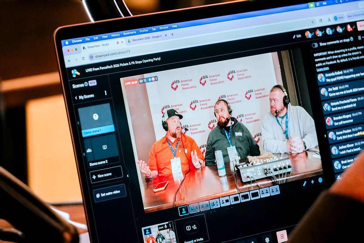 Laptop screen showing a live podcast recording with three hosts in a studio interface