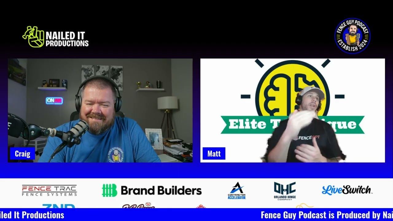Podcast split-screen: smiling man with headset left, green-yellow 