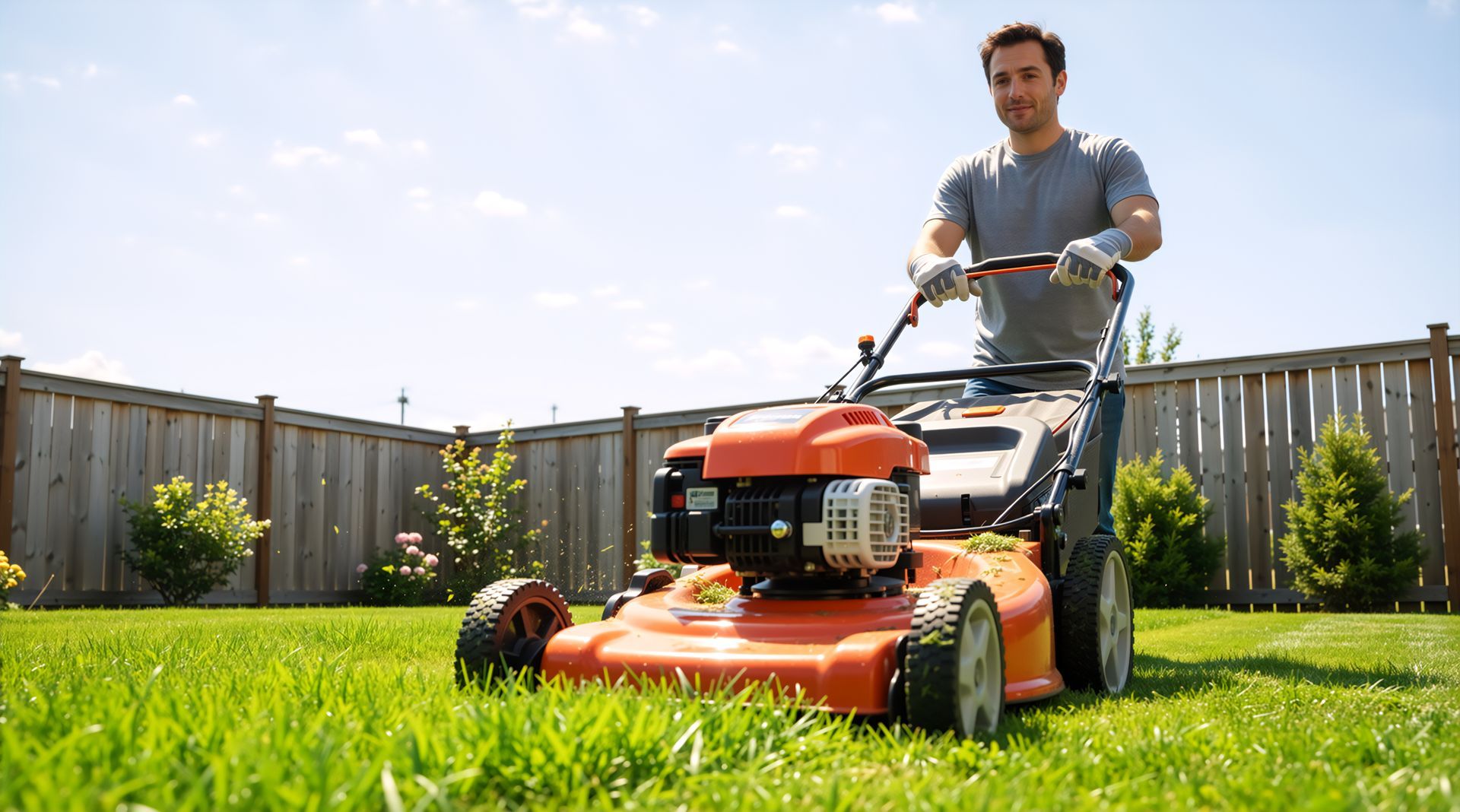 A professional pushing a lawn mower for reliable commercial lawn care services in a green backyard.
