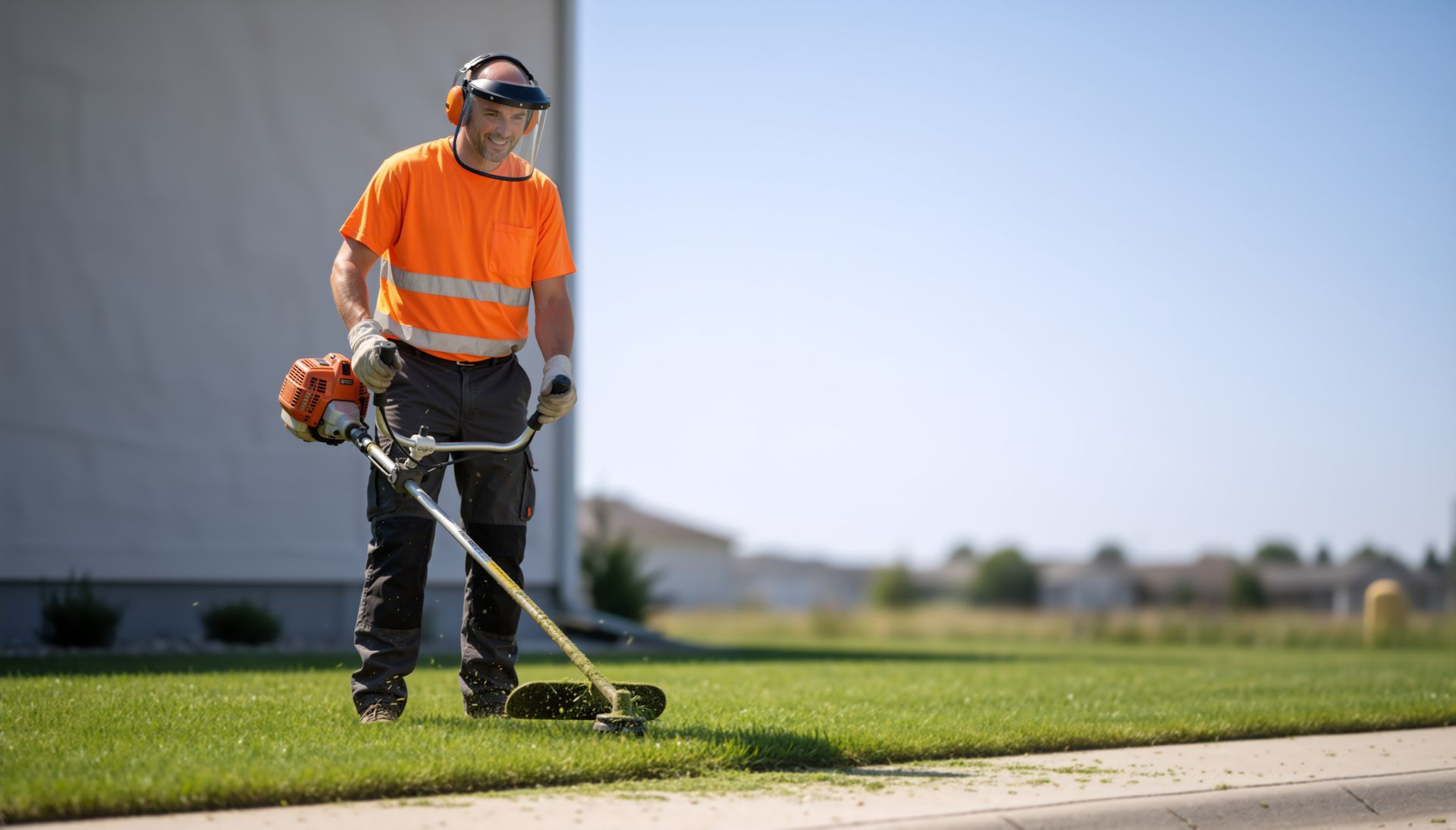 A professional worker using a trimmer for high-quality commercial lawn care services on a lush lawn.
