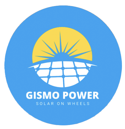 Gismo Power logo with blue circle, yellow sun, and solar panel graphic; “Solar on Wheels” text.