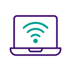 Purple laptop icon with teal Wi‑Fi signal on the screen