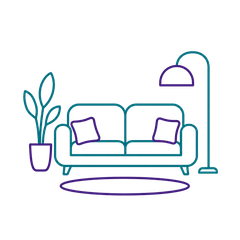Minimal line drawing of a teal sofa with purple pillows, floor lamp, plant, and rug in a cozy living room