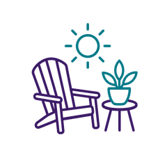 Purple lounge chair beside a small table with a potted plant under a teal sun icon