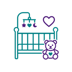 Teal and purple baby crib with mobile, heart, and teddy bear icon on white background