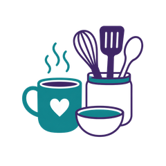Turquoise mug with steam and heart, beside purple utensil holder and bowl on white background