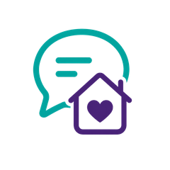 Teal chat bubble and purple house with heart icon, symbolizing home support or messaging