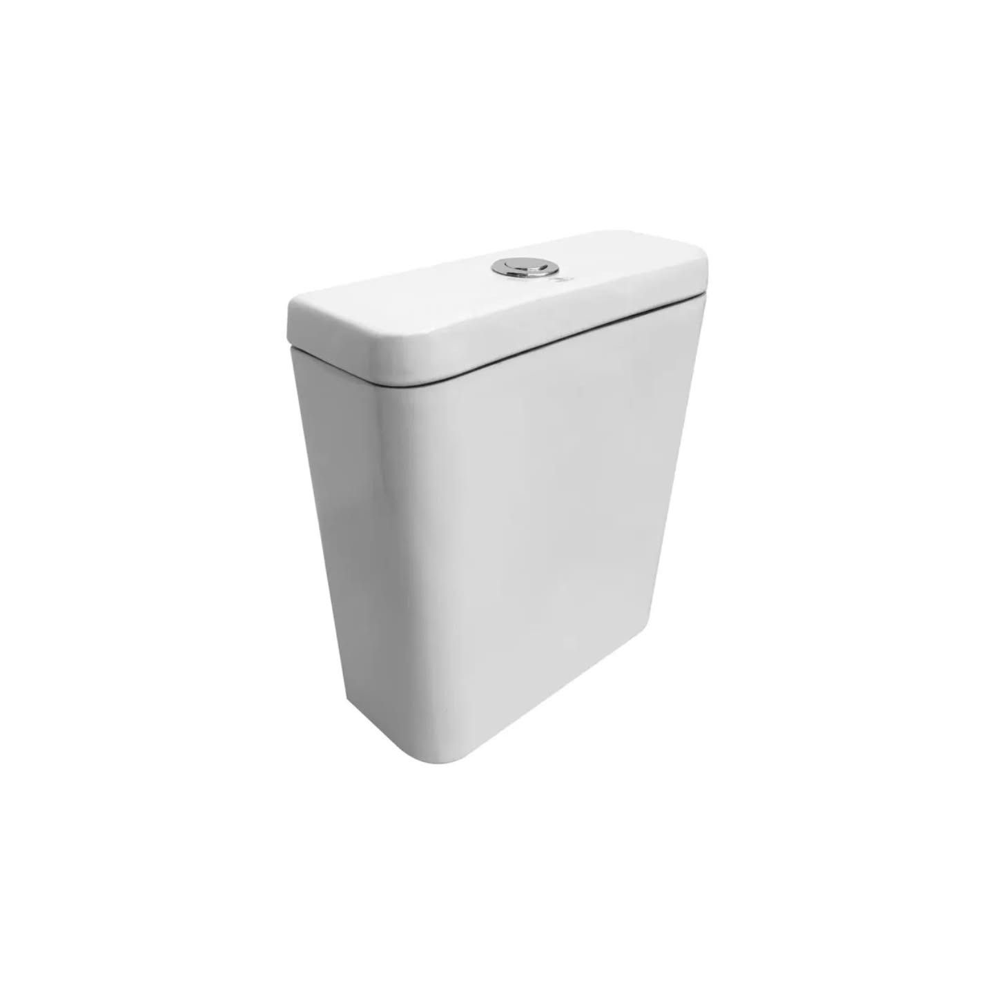 Cisterna de inodoro de cerámica blanca con botón de doble descarga en la tapa superior.