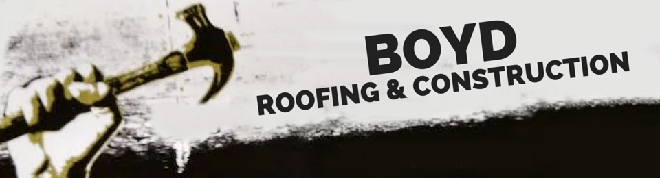 BOYD Roofing & Construction logo with a hammer and black-and-white roof graphic