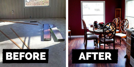 Before-and-after comparison of a room being transformed from cluttered floor to furnished dining area