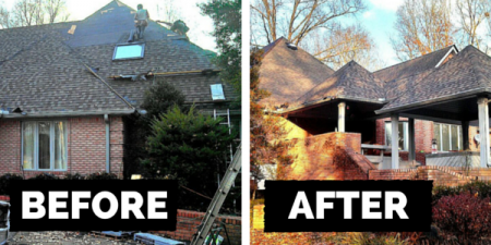 Before-and-after of a house exterior renovation.
