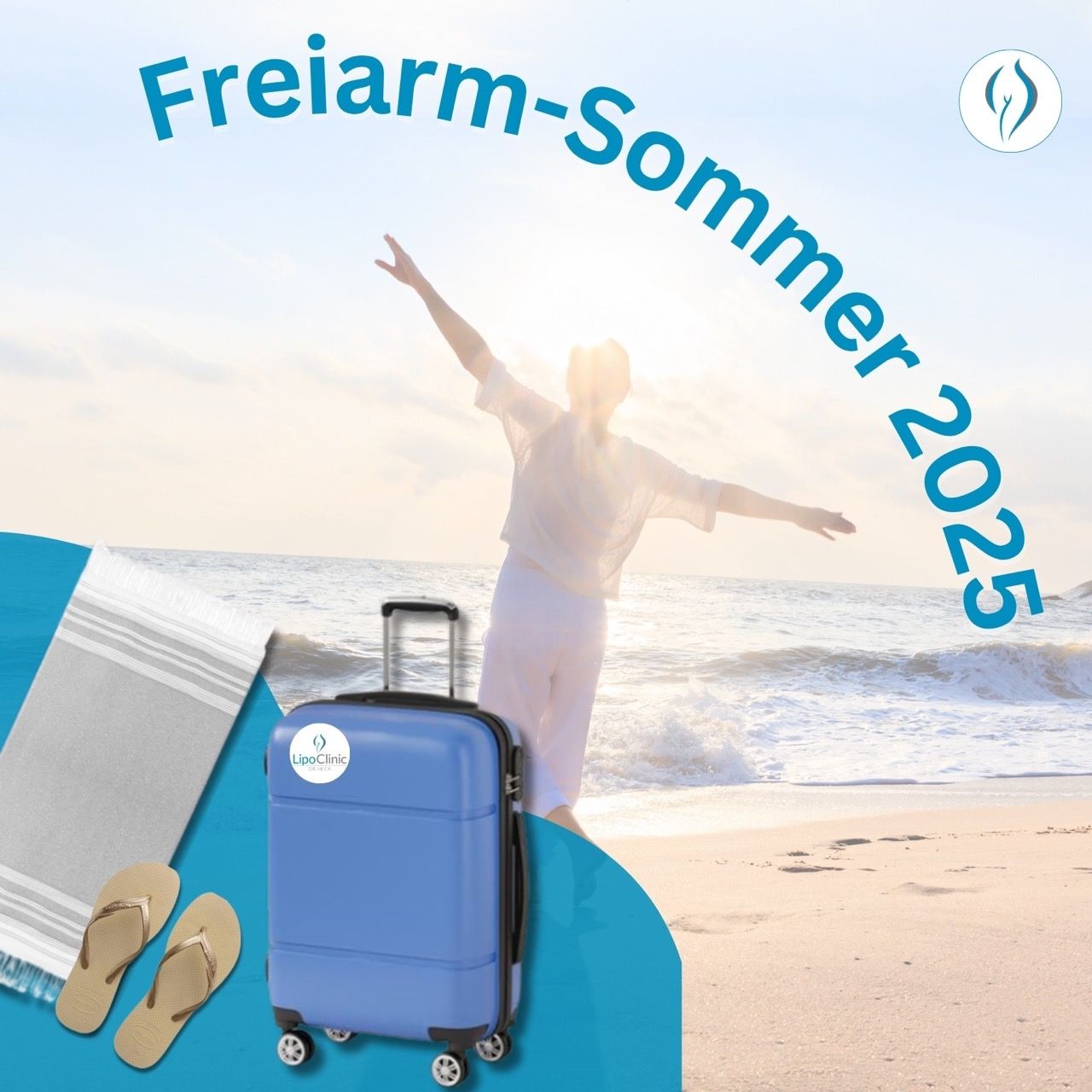 Ein blauer Koffer steht neben einem Paar Flip-Flops am Strand