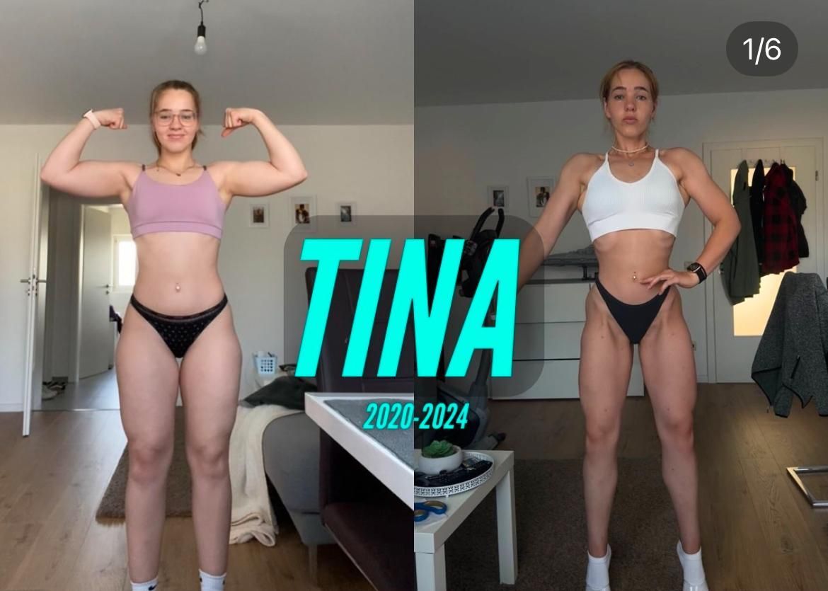 Una mujer que muestra sus músculos y su progreso de entrenamiento con el nombre 