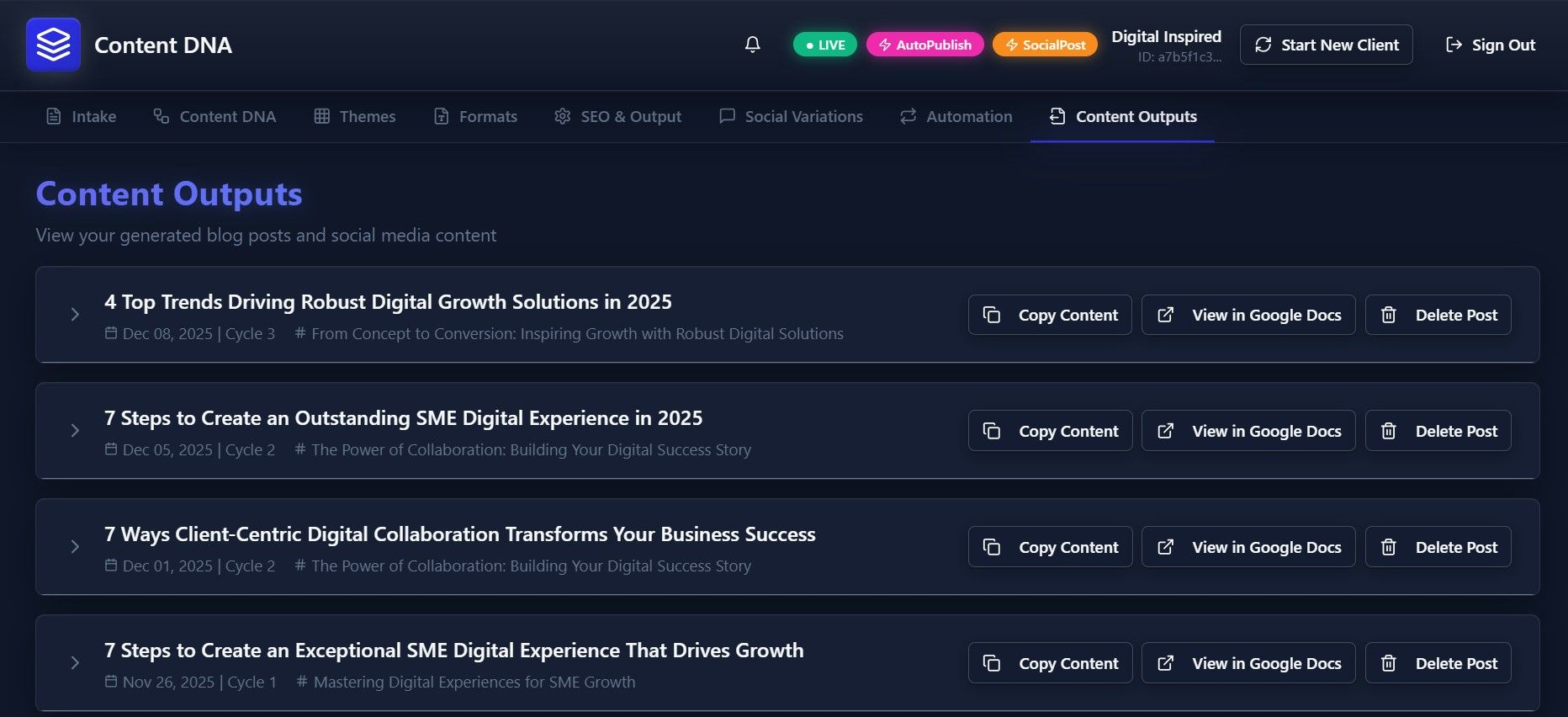 Screenshot of a website displaying content outputs. Dark blue theme with white text and colored buttons.