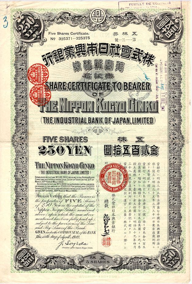 certificat d'action de la banque industrielle du Japon