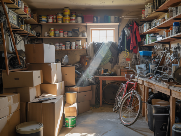Cluttered garage workshop with stacked boxes, shelves of tools, a bicycle, and sunlight through a window