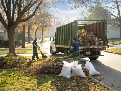 Workers loading yard debris into a green truck on a tree-lined street, with bags of leaves in the foreground