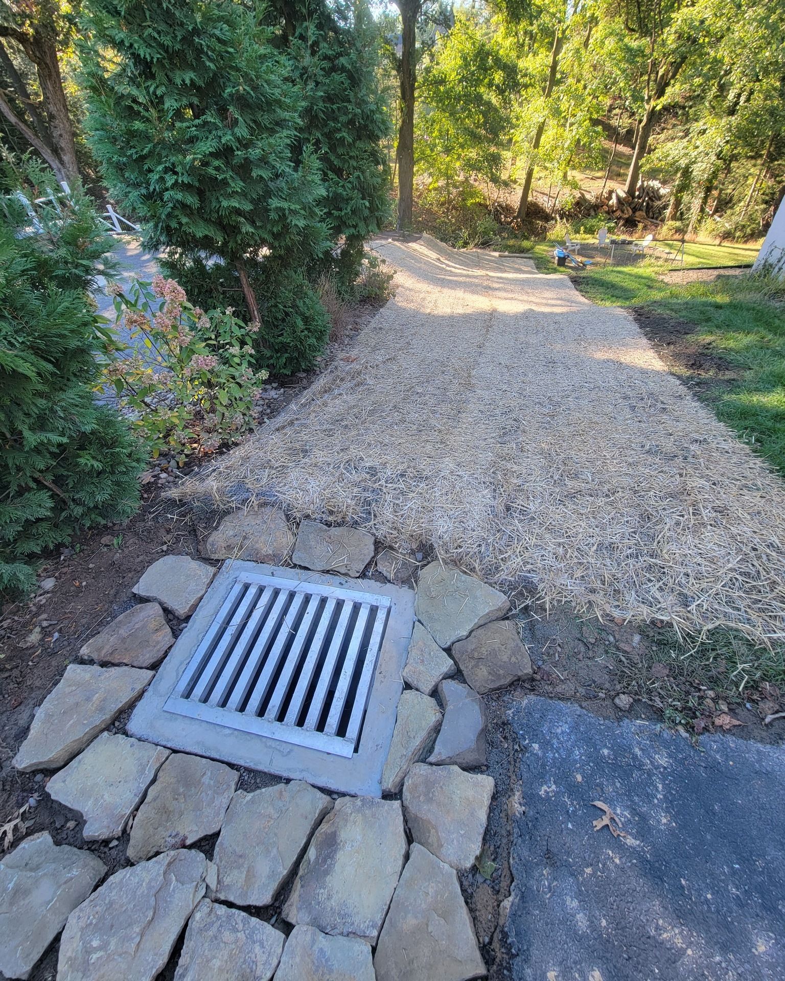 Gravel path with drain, bordered by rocks and greenery.