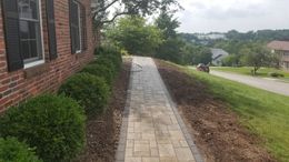 Brick home with a concrete walkway lined with bushes and mulch. Lawn on the right slopes down.