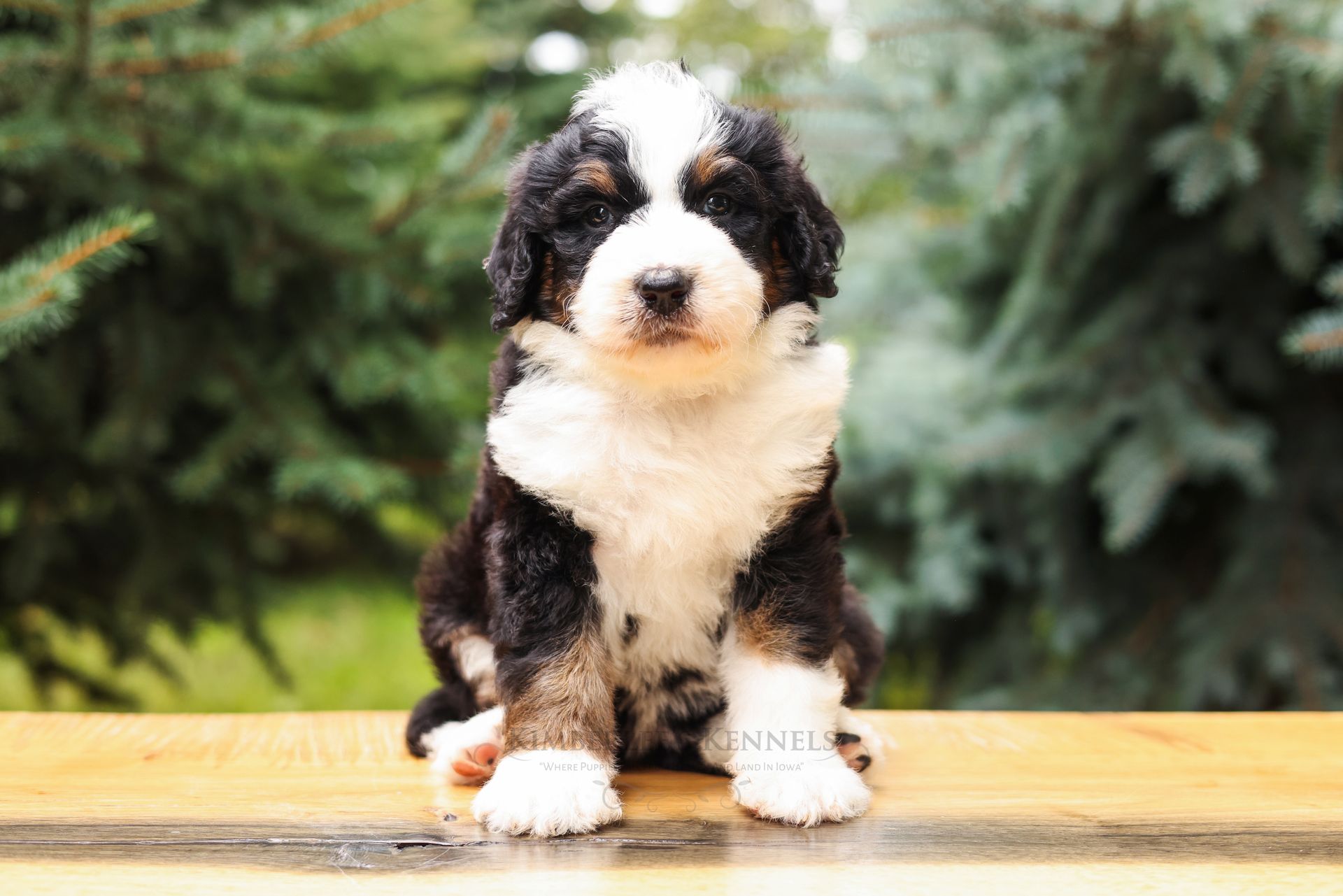 five week old standard bernedoodle puppy in the woods
