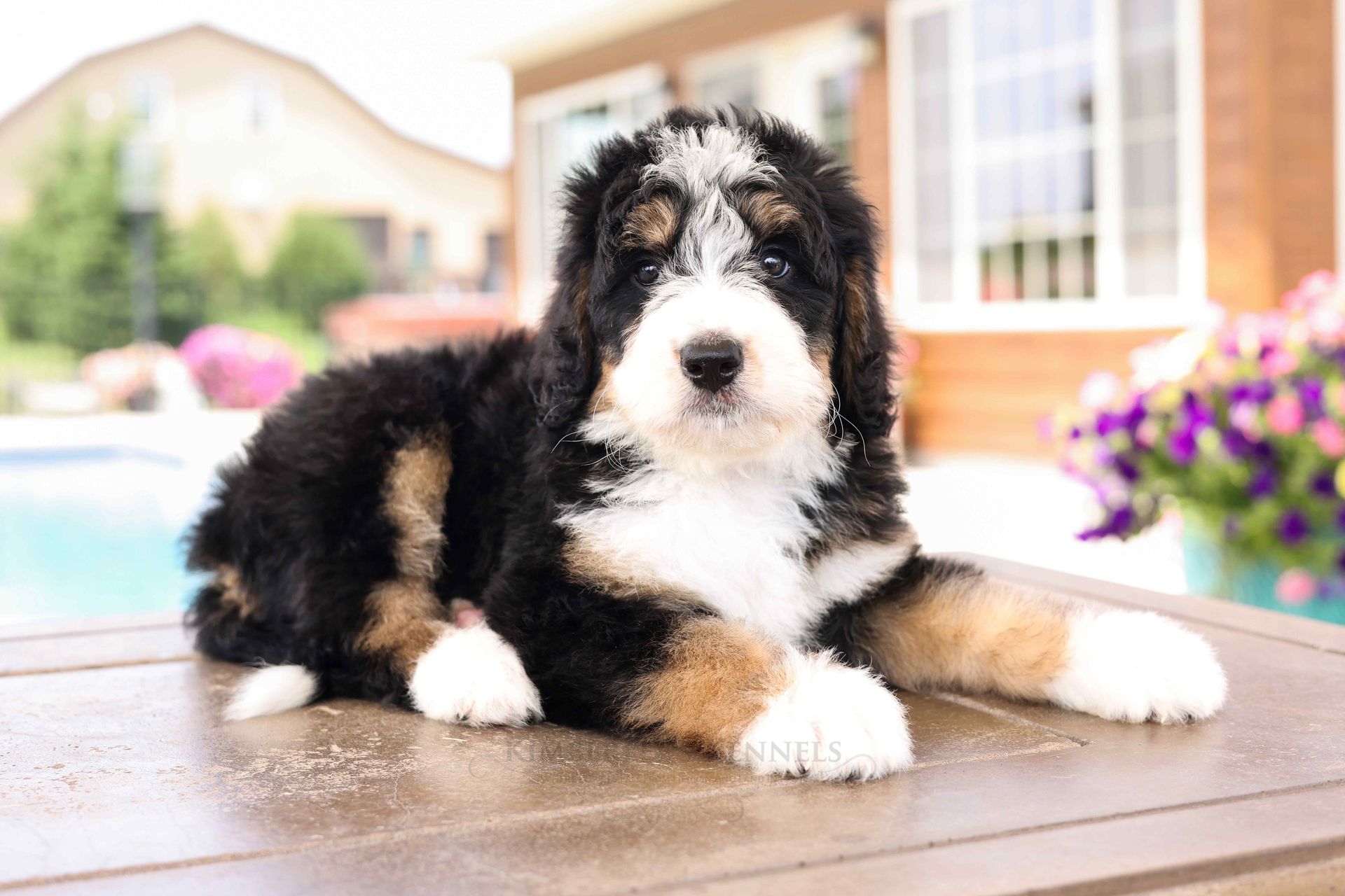 five week old standard bernedoodle puppy laying on a picnic table by a pool