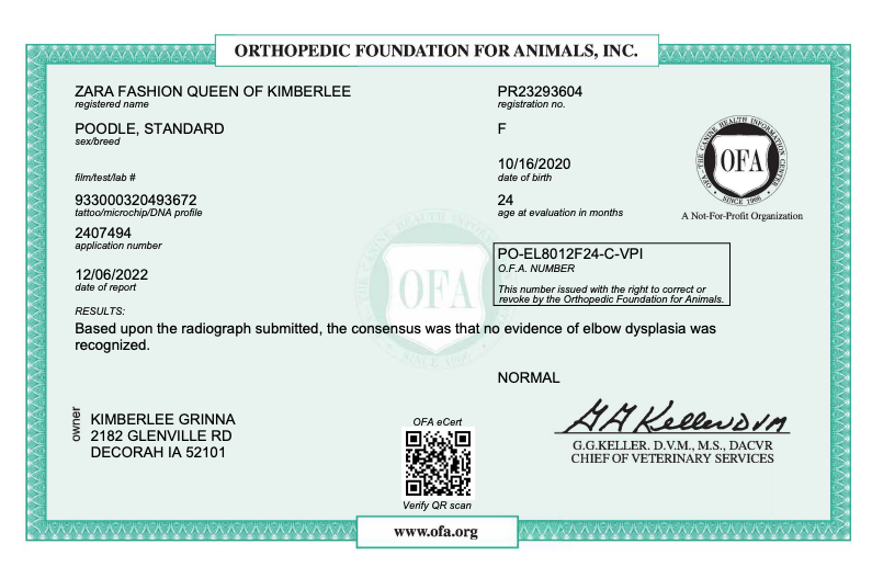 OFA results AKC Certified Degree for Parent Dog, ethical health testing