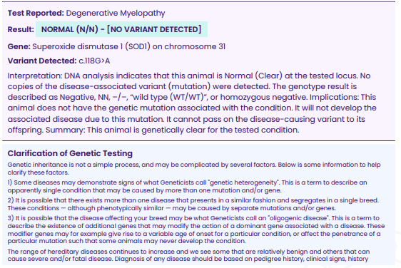 DNA Genetic health testing results for a breeding Dog at Kimberlee's Kennels

