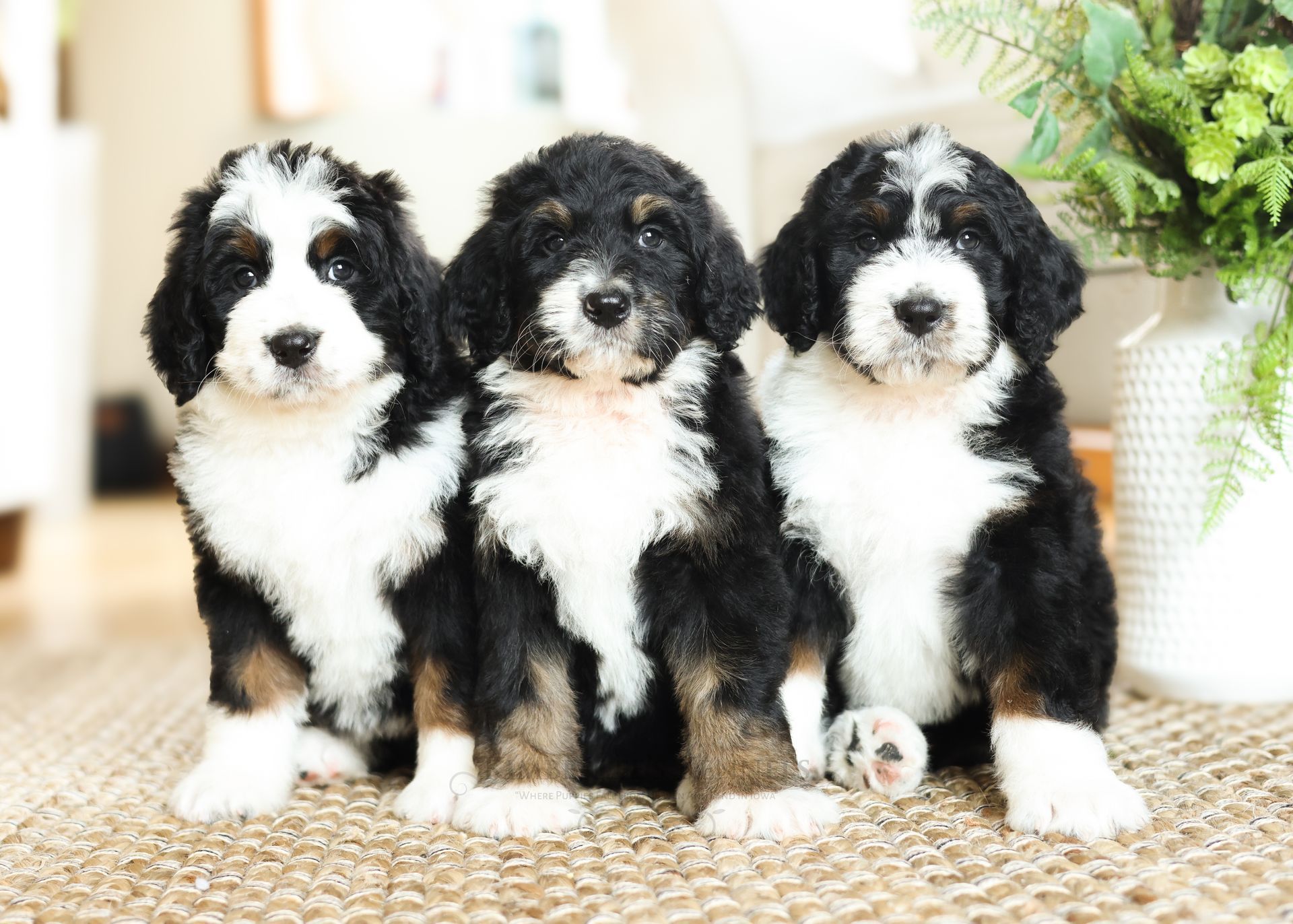 three five week old standard bernedoodle puppies cuddling on a rug