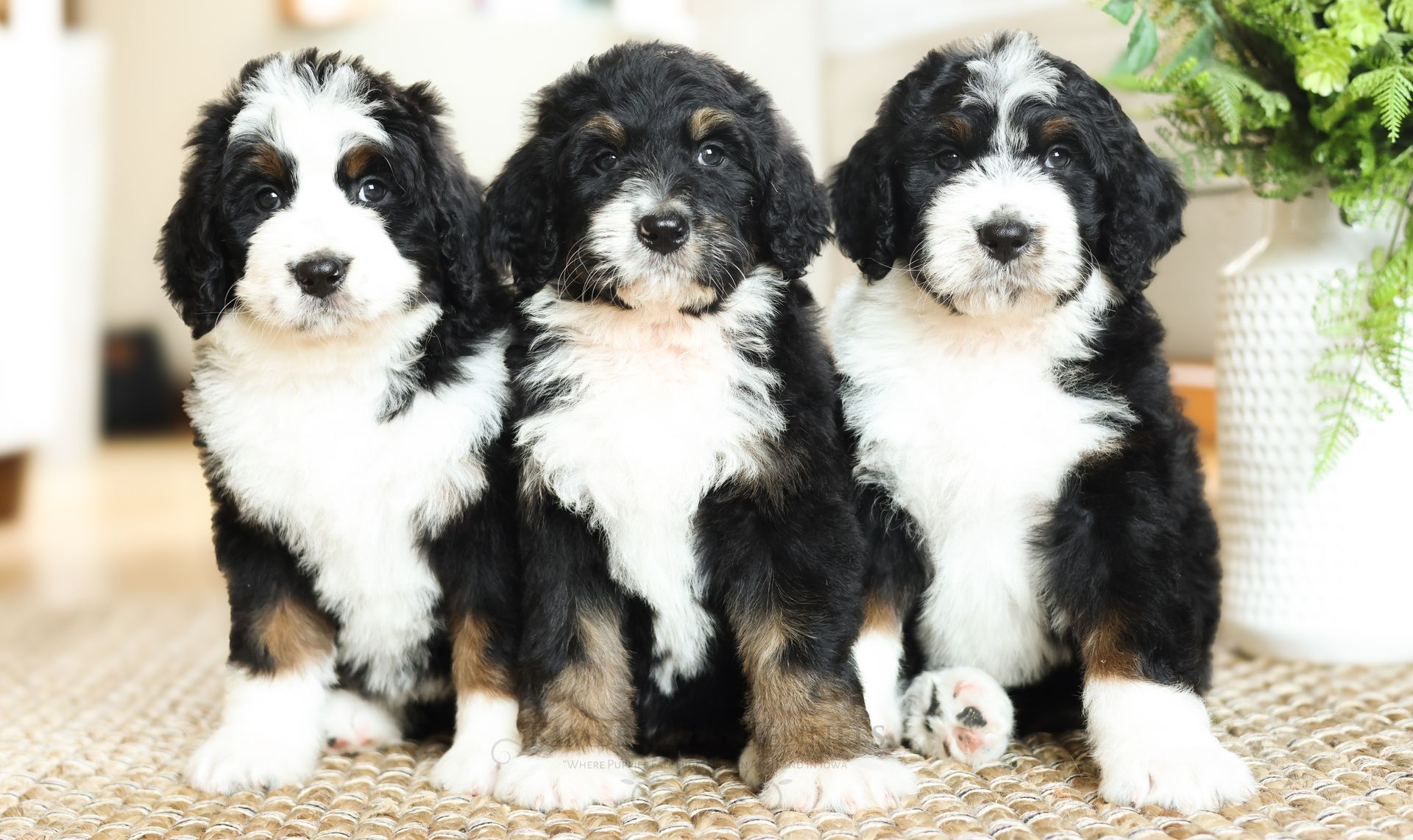 Three five week old standard bernedoodle puppies sitting on a living room rug